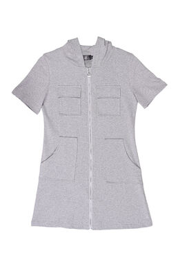 Fine Zip Front Pocketed Casual Dress With Cap (Grey)